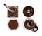 Set with different coffee grinders on white background, top view