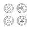 Set of different coins in line style. Dollar, euro, pound, yen. Vector flat illustration