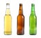 Set with different cold beer bottles