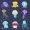 Set of different color flat jellyfish icons