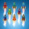 Set of different color rockets.Vector illustration