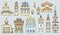 Set of different color and shape Facades old Orthodox churches,line drawing.Cityscape architectural elements vector set.Hand draw
