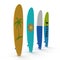 Set of different color surf boards on white 3D Illustration