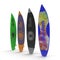 Set of different color surf boards on white 3D Illustration