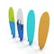 Set of different color surf boards on white 3D Illustration