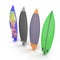 Set of different color surf boards on white 3D Illustration