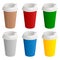 Set of different colored disposable cardboard glasses with plastic covers for coffee or tea