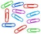 Set of different colored paperclips on white background