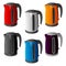 Set of different colored plastic electric kettles on a round base with a handle