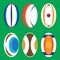 Set of Different Colored Rugby Balls Isolated on Green Background