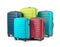 Set of different colored stylish suitcases for travel on white background