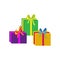 Set of different colorful wrapped gift boxes. Flat design. Beautiful present with bow. Symbol and icon for Christmas gift box. Iso