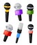 Set of different colors microphones for TV or radio of air microphones for the press of different TV channels illustration