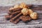 Set of different confectionery sweets on wooden table. Chocolate, waffles, coconut biscuits, cookies.