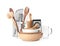 Set of different cooking utensils and dishes on background
