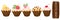 Set of different cupcakes with strawberries, cherry, chocolate and whipped cream. Cute desserts collection. Vector art.