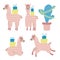 Set of different cute alpacas with gift boxes and decorated cactus. Funny alpaca stickers pack