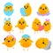 Set of different cute chickens. They emerge from Easter eggs listen to music give heart sleep. Vector illustration