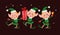 Set of different cute little Santa elves characters with gift box, ring bell, dance isolated.