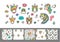 Set of different cute stickers unicorn faces with set pattern and decorations on a white background