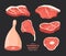 Set different cuts of meats. Pictures for concept of farmer`s market and shop.