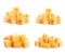 Set of different delicious cheese cubes on white