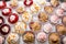 Set of different desserts on the table, top view.