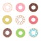 A set of different donuts on a white background. Doughnuts with colored icing. Vector illustration