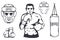 Set of different elements for box design - boxing helmet, punching bag, boxing gloves, boxer man. Sports equipment set. Fitness