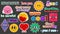 Set of different emoji, pins, stamps, stickers. Different Phrases and words. Trendy funny Vector isolated illustrations