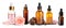 Set of different essential oils used in aromatherapy on white background, banner design