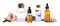 Set of different essential oils used in aromatherapy on white background, banner design