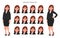 Set of different face expressions/emotions for female cartoon character. Beautiful woman emoji/avatar with various facial.