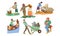 Set of different farmer people characters in various actions. Vector illustration in flat cartoon style.