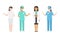 Set of different female doctors and nurses in medical attire engaged in their work. Vector illustration in flat cartoon