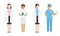 Set of different female doctors and nurses in medical attire engaged in their work. Vector illustration in flat cartoon