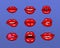 Set of different female red lips. Fashion patches elements, badges collection. Comics mouth with smile, tongue, teeth