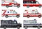Set of different fire truck, police and ambulance cars in flat style on white background. Differences