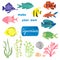 Set of different fishes and decorations for making your own aquarium