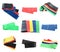 Set of different fitness elastic bands on white background