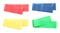 Set of different fitness elastic bands on white background, top view. Banner design