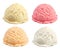 Set of different flavor ice cream scoops on white, clip