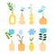 Set of different flowers and plants. Vases and bottles. Floral compositions. Interior decor. Vector design elements.