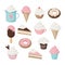 Set of different food and drink icons. Isolated retro illustrations of cakes, doughnuts, ice cream, sundae, coffee