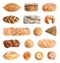 Set with different fresh loaves of bread and pastries on background, top view