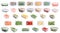 Set of different frozen vegetables in containers on white background