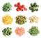 Set of different frozen vegetables on white background, top view