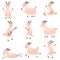 Set of different funny goats in different poses with positive emotions runs, jumps, rests and more