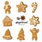 Set of different gingerbreads: man, Christmas tree, bell, star,snowflake,candy cane and house . Vector illustrated