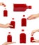 set of different Glass bottle with red tincture with hand. isolated on white background. Alcohol problem